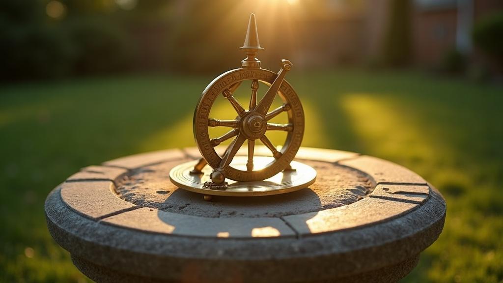 A traditional brass sundial casting a short shadow at midday in bright sunlight