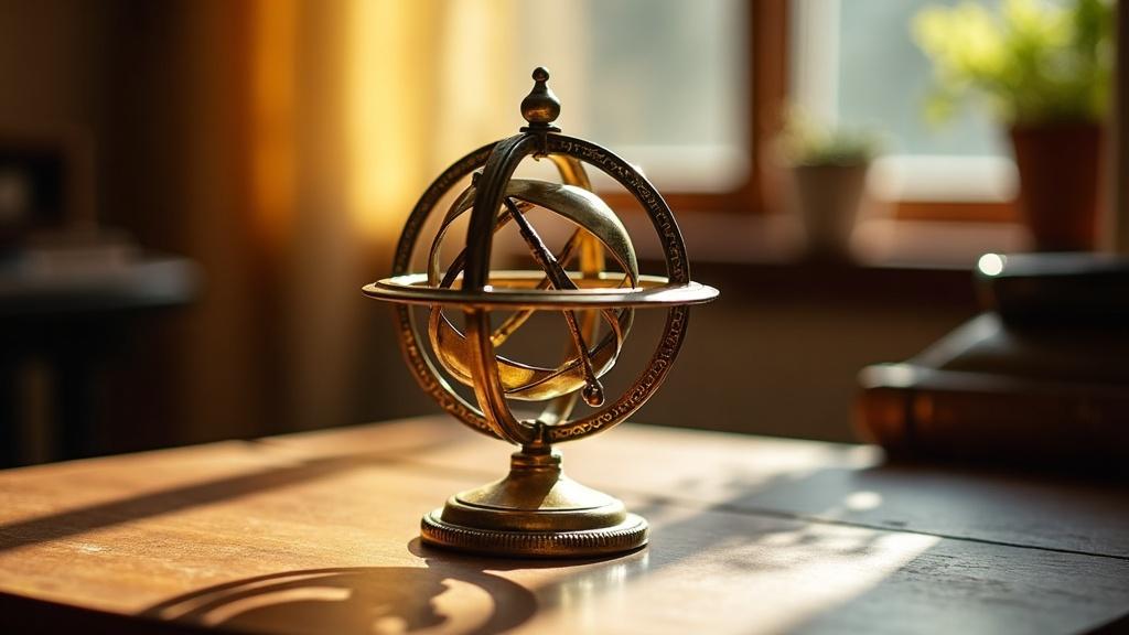 A brass armillary sphere showing the ecliptic and celestial equator, photographed in warm afternoon light on a wooden desk
