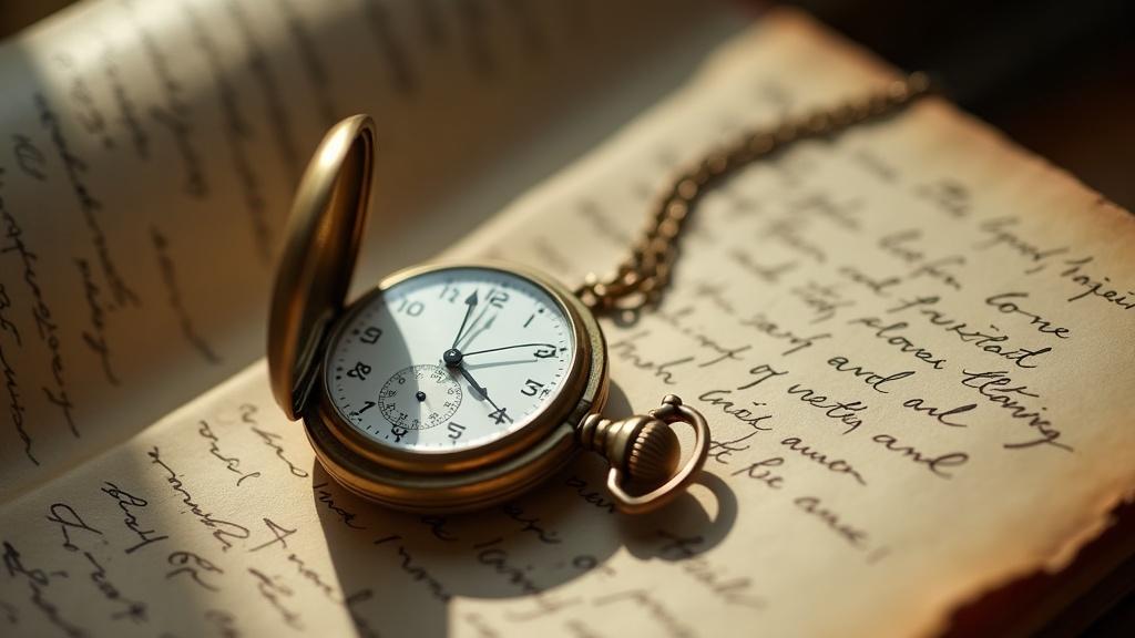Antique brass clock lying on aged parchment with handwritten notes, soft window light, shallow depth of field