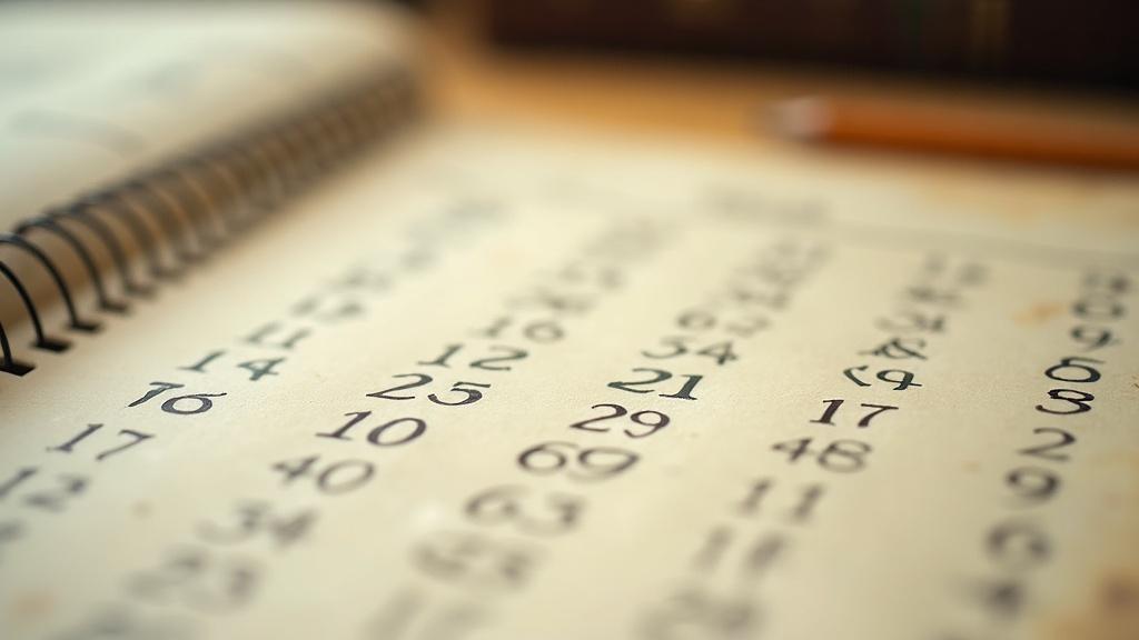 A close-up of handwritten numbers on aged paper beside a calendar page, soft natural window light, shallow depth of field