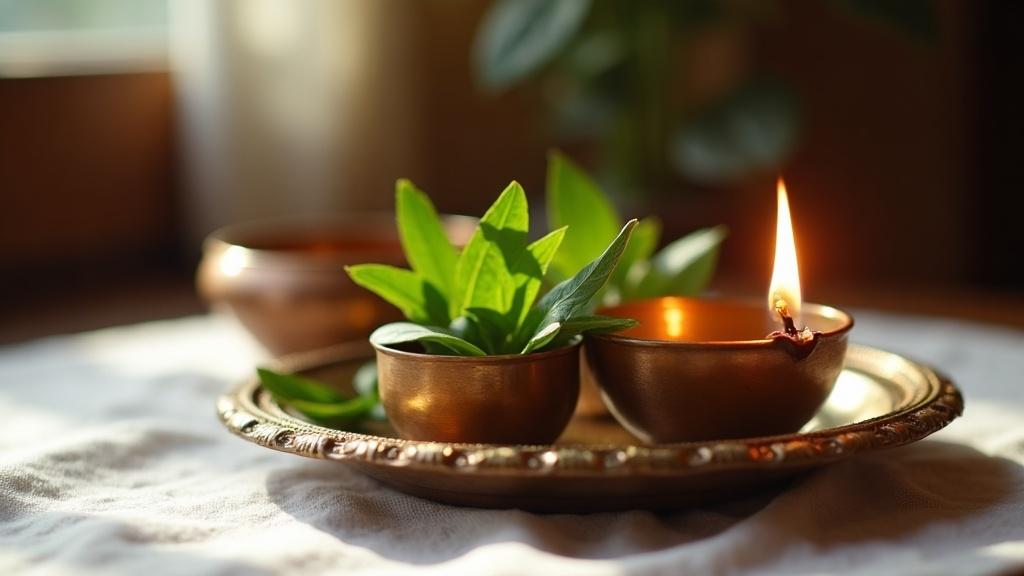 A brass puja thali with tulsi leaves, a small diya, and a copper vessel of water on a clean white cloth