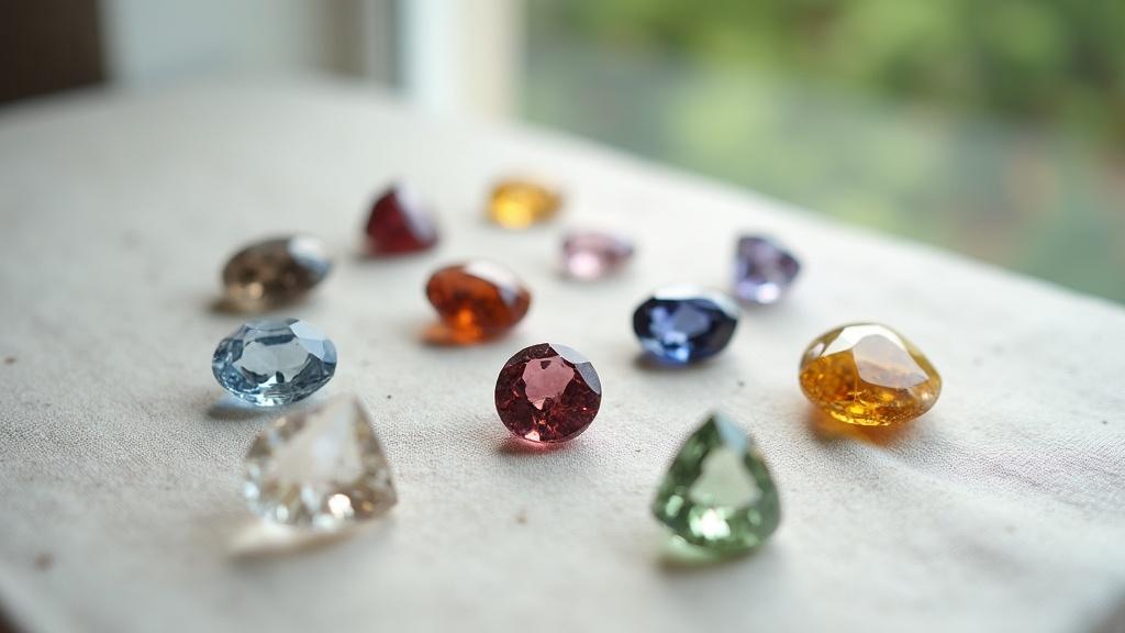 A collection of nine uncut gemstones arranged on a neutral cloth, each catching natural daylight from a window, no labels or text visible