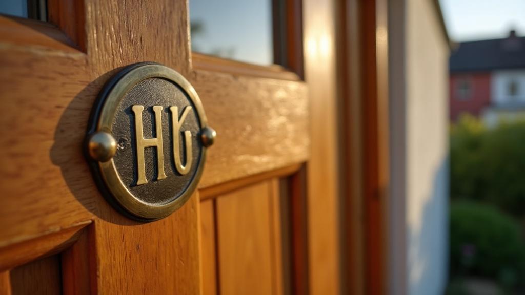 A polished brass house number mounted beside a wooden front door in warm afternoon light