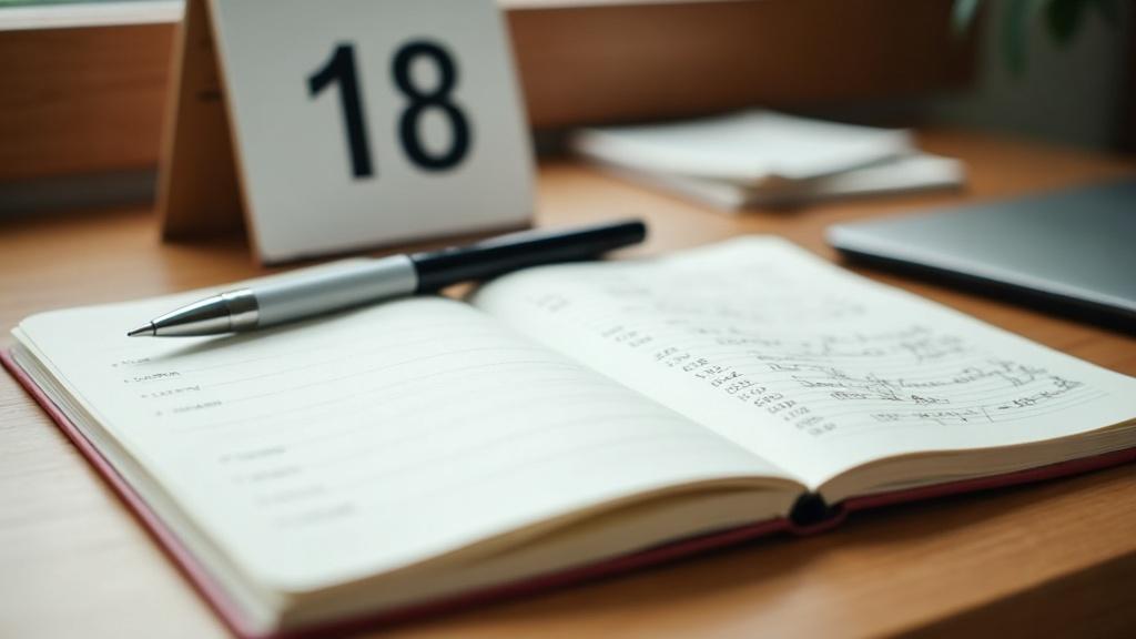 A clean wooden desk with a calendar page, a pen and a small notebook open to handwritten numbers