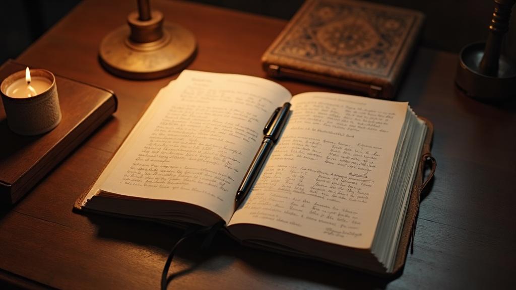 A wooden desk with a notebook open to a page of handwritten numbers and calculations, warm indoor light, close-up view