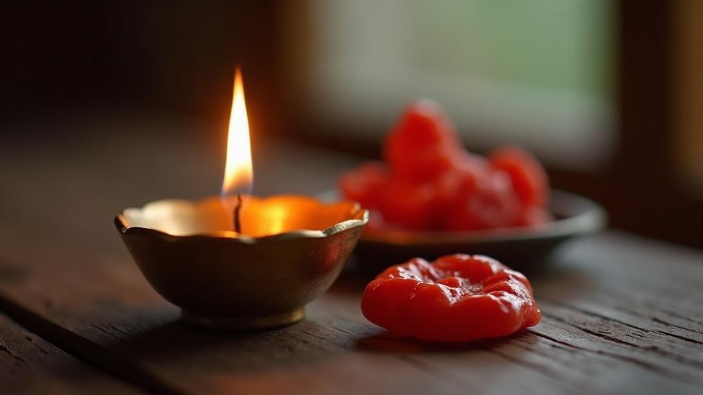 A traditional brass oil lamp beside a red coral gemstone on a wooden table