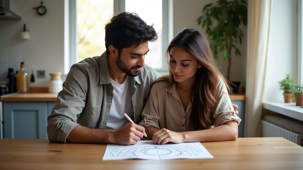 A young couple reviewing a printed birth chart together at a kitchen table