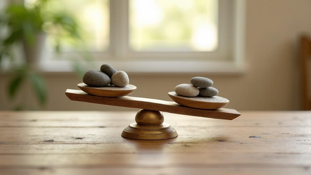 A balance scale holding smooth stones, photographed in soft morning light on a wooden surface with neutral background