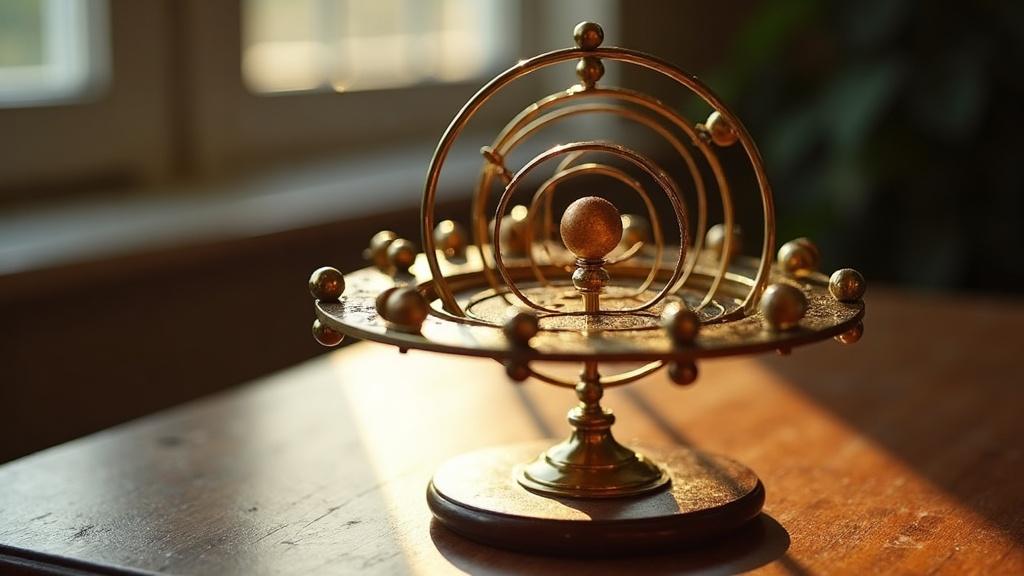 A traditional brass orrery showing planetary orbits, with Mercury positioned close to the Sun against warm morning light
