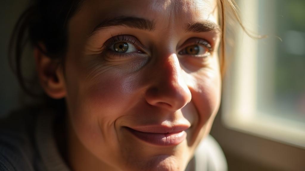 A close-up portrait of a person's face in soft natural light, showing clear skin texture and subtle marks