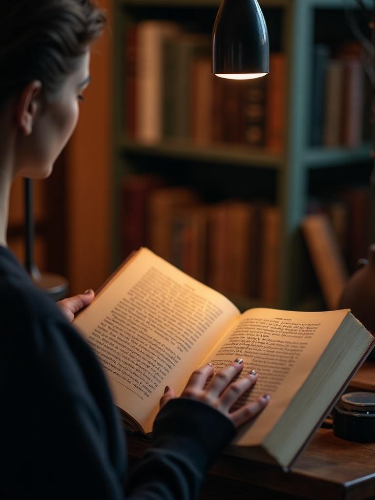 A person consulting a traditional text in a quiet study, warm lamp light on aged pages