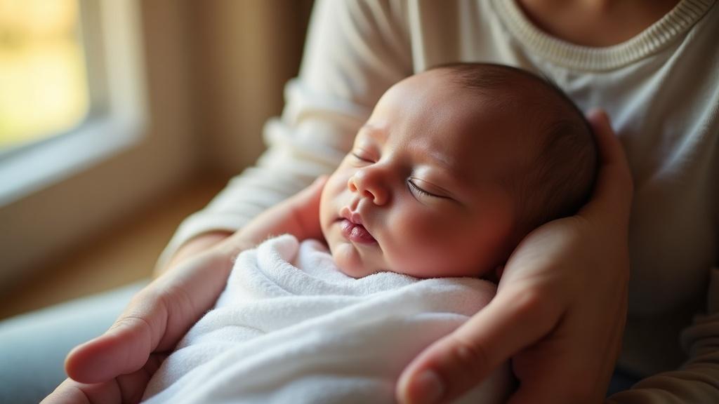 Newborn baby wrapped in soft white cloth, parents' hands gently cradling, warm natural window light, close-up lens
