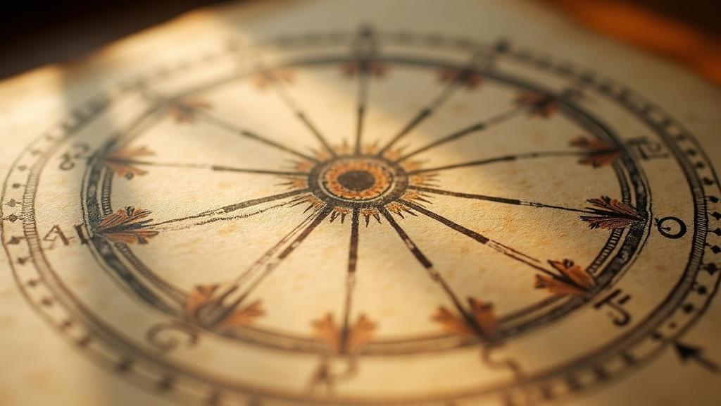 A traditional South Indian chart wheel drawn on handmade paper, showing the navamsa divisions marked in fine ink, photographed in warm morning light