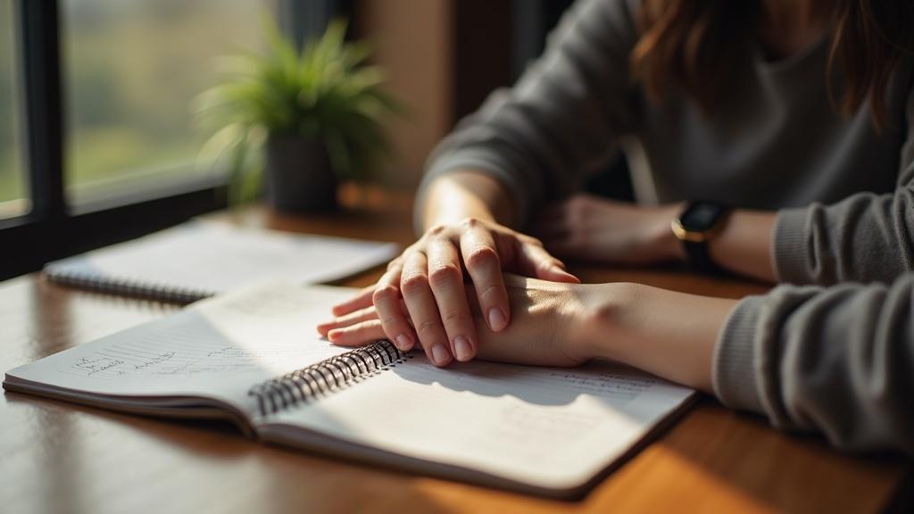A couple's hands resting together on a wooden table beside an open notebook, natural afternoon light from a window, shallow depth of field
