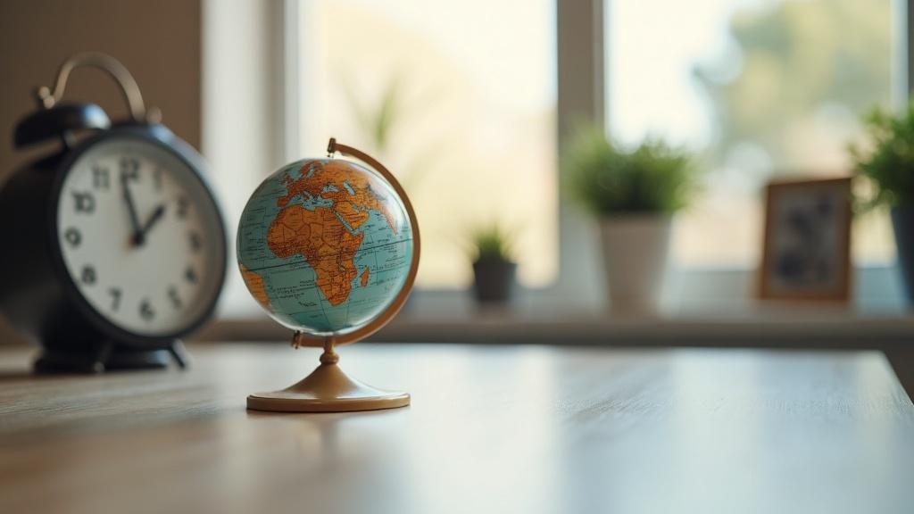 A desktop globe beside a wall clock showing different time zones, natural window light, medium shot