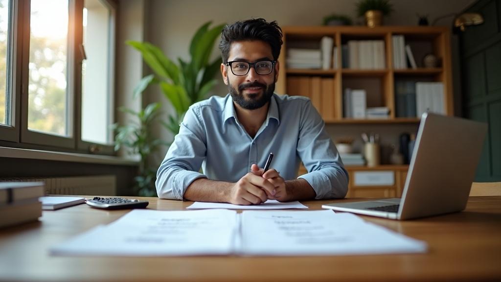 A small business owner reviewing name options at a desk with papers and a calculator