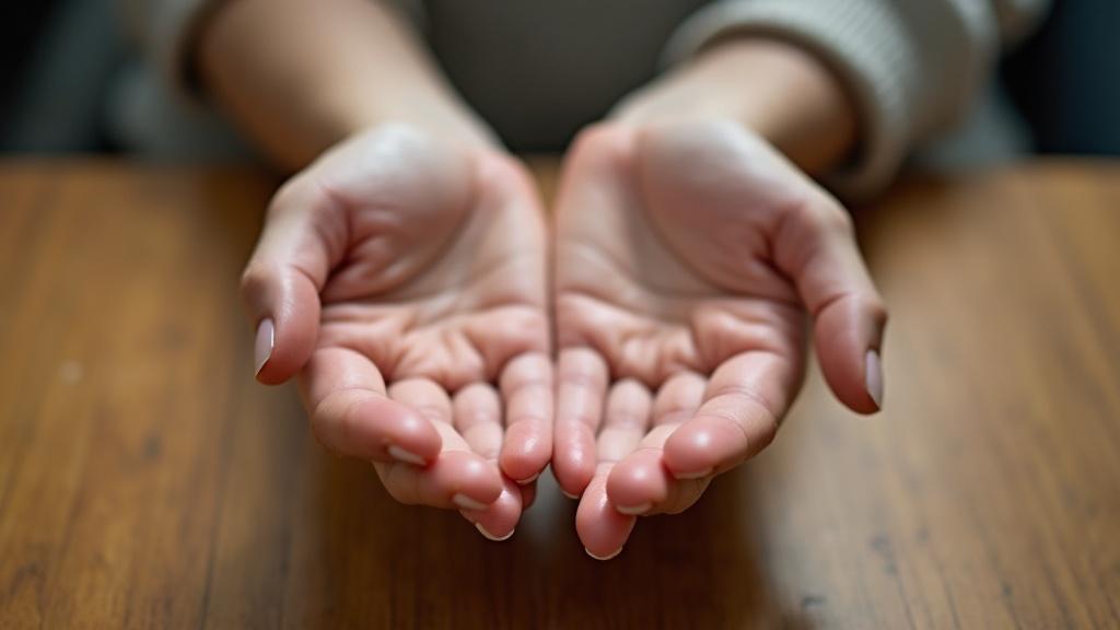 A pair of open hands resting palms-up on a wooden table, natural window light, shallow depth of field