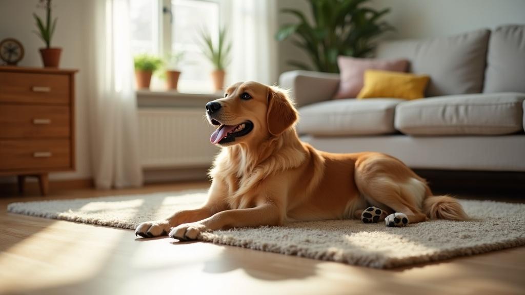 A golden retriever resting on a mat in a sunlit corner of a modern apartment living room