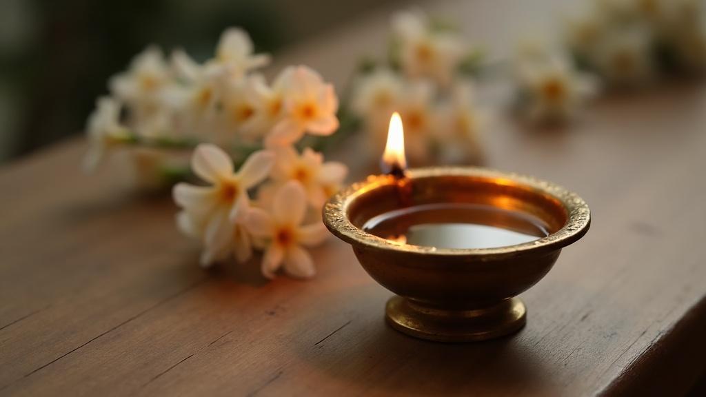 A brass oil lamp burning beside a small bowl of water and white flowers on a simple wooden table