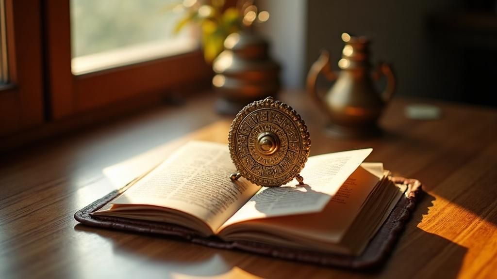 A traditional brass panchang calendar open on a wooden table beside a window with morning light