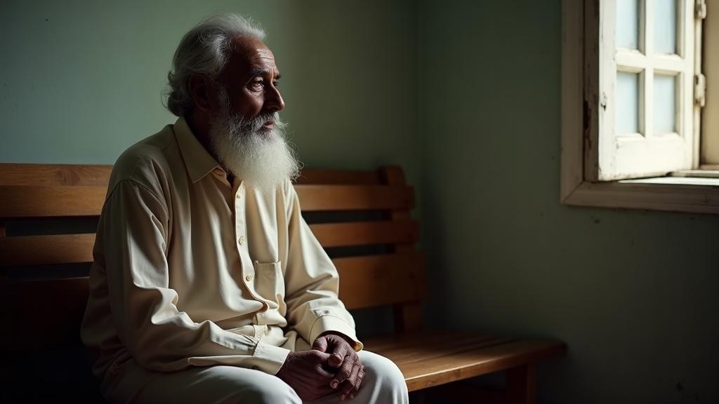 Elderly man in traditional clothing sitting quietly on a wooden bench in soft morning light, expression calm and contemplative
