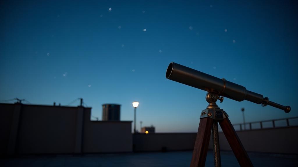 A traditional brass telescope pointed toward the night sky, stars visible in deep blue twilight over a quiet rooftop