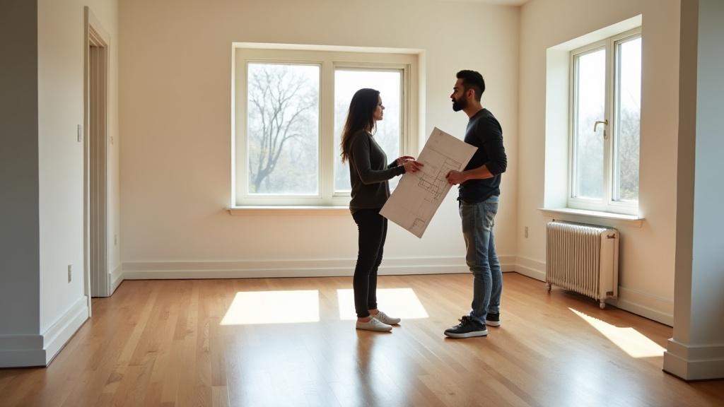 A young couple standing in an empty living room with large windows, holding floor plans and looking thoughtful