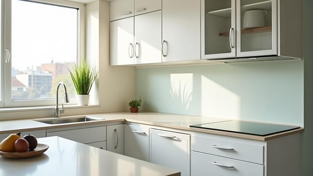 A modest urban apartment interior showing a kitchen in the corner, natural daylight from windows, clean countertops, a small indoor plant on the sill