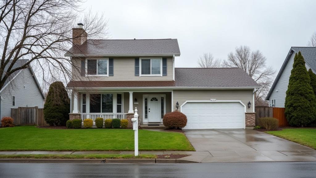 A single-family home with an attached garage and front lawn under an overcast sky