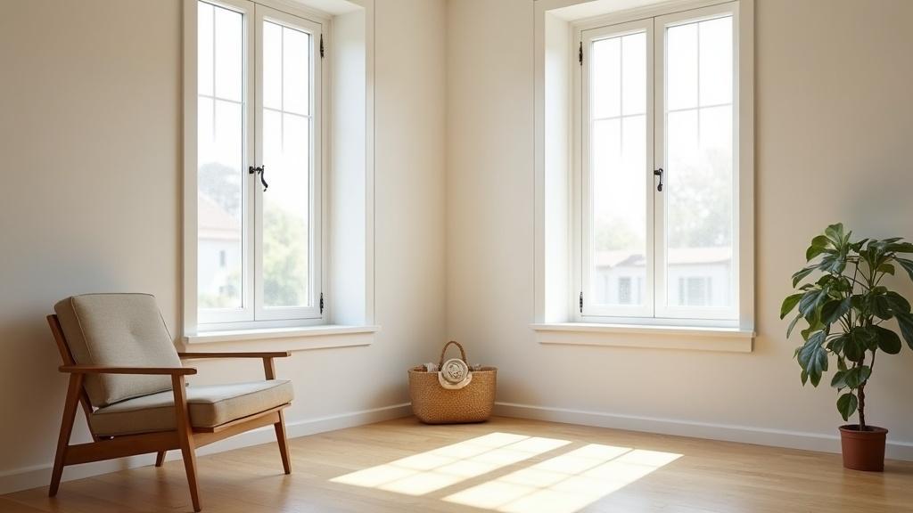 A bright corner room with large windows and minimal furniture, sunlight on a wooden floor