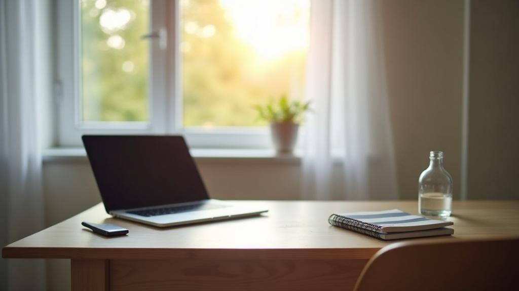 A clean home office desk facing a window with morning light, minimal objects, soft natural tones