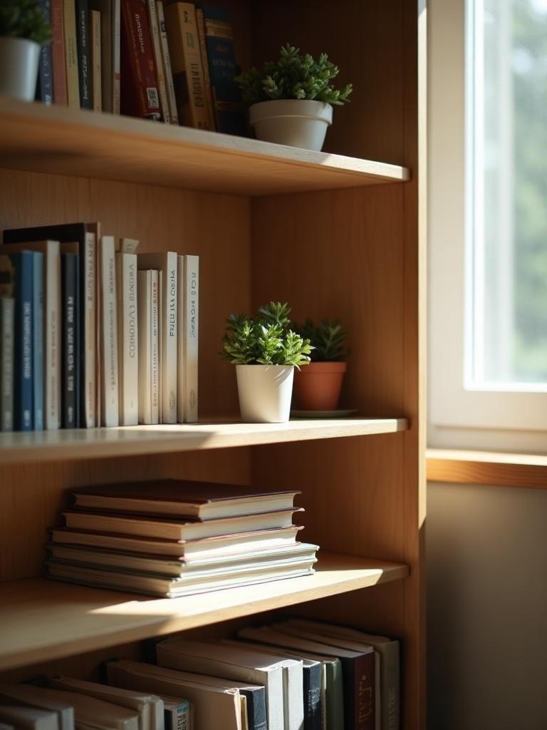 Organized shelving in a home office with books aligned, a small plant, indirect afternoon light