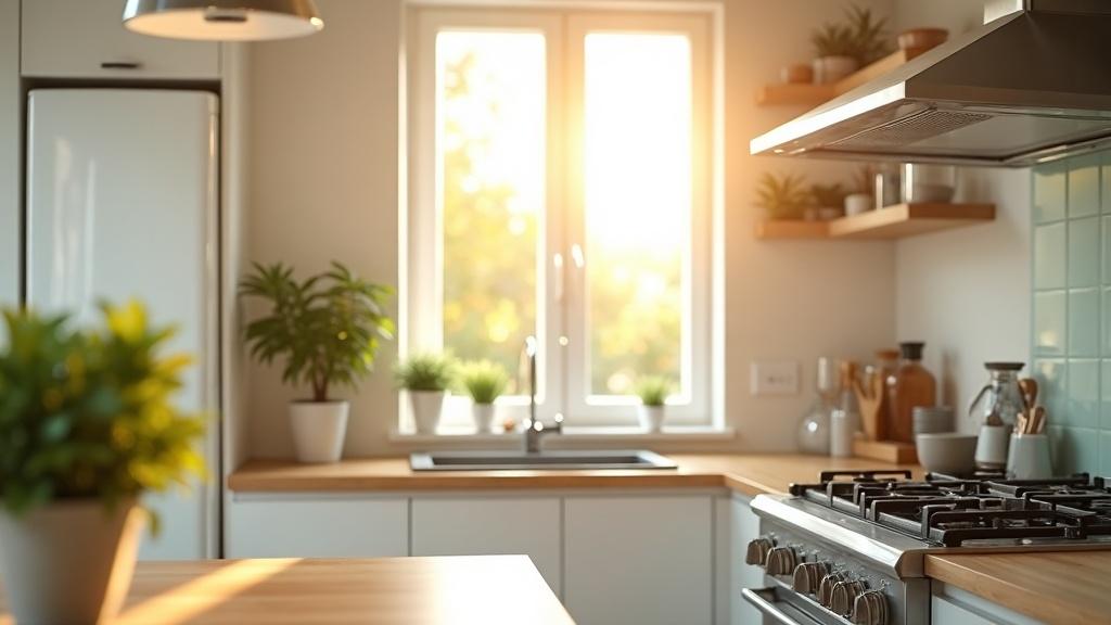 A clean, modern kitchen with morning sunlight streaming through a window, stove on the right wall, plants on the counter