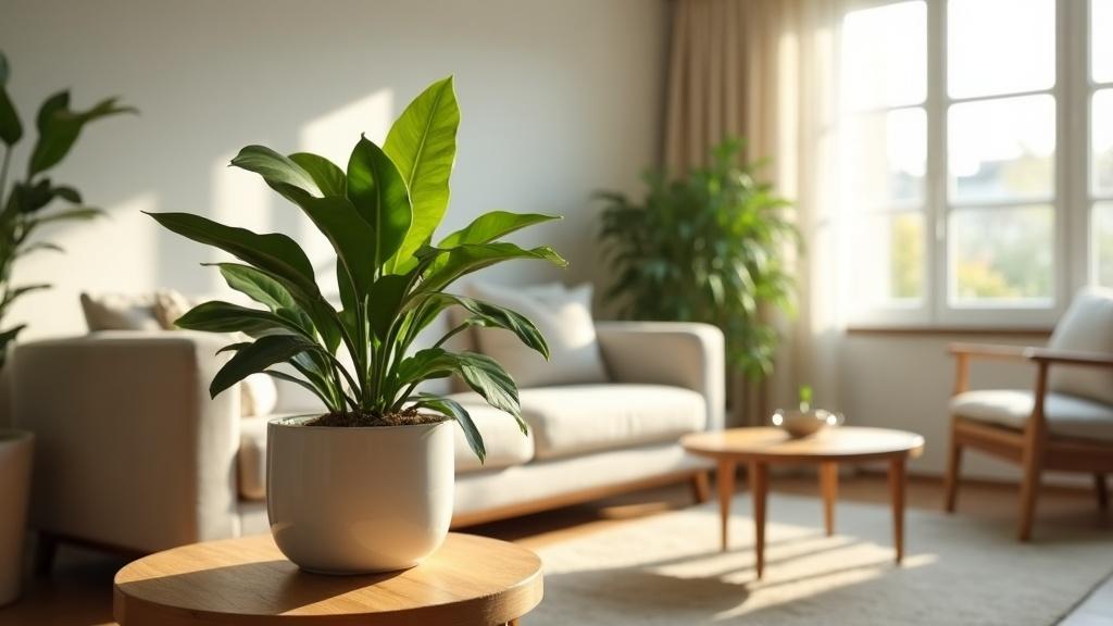 A bright living room with a potted money plant on a wooden stand near an east-facing window, natural morning light streaming in
