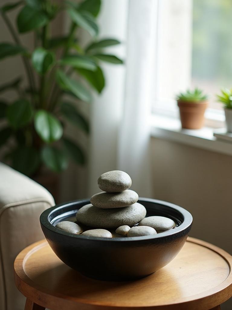 A small indoor fountain on a wooden table in the northeast corner of a room with soft natural light and green plants nearby