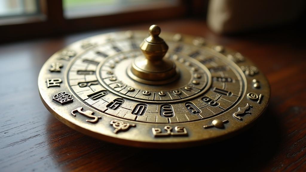 A brass calendar wheel showing nakshatra divisions and planetary symbols engraved around the rim, photographed in soft morning light on a wooden table