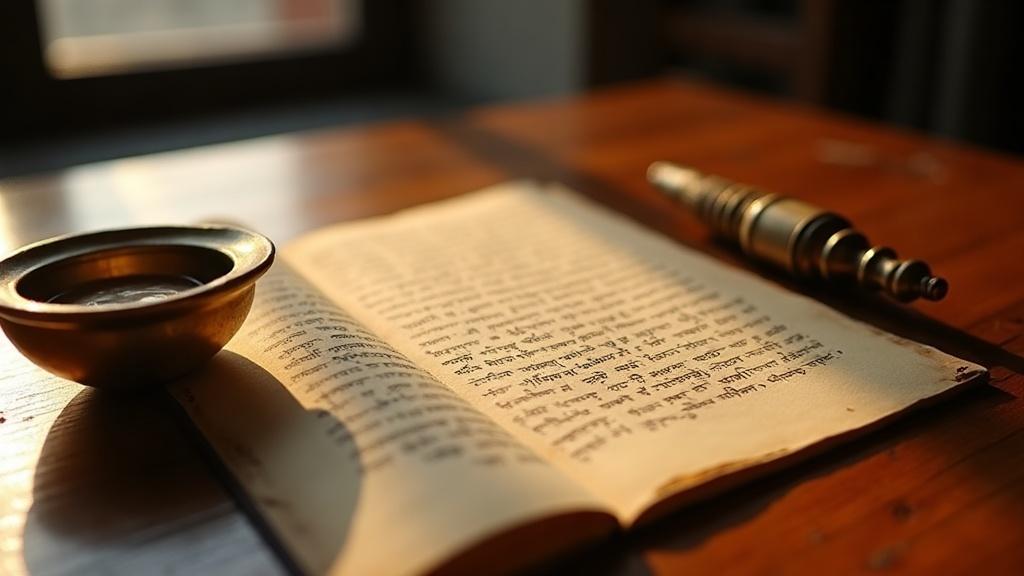 A traditional brass oil lamp beside an open Sanskrit manuscript on a wooden table, warm afternoon light from a window