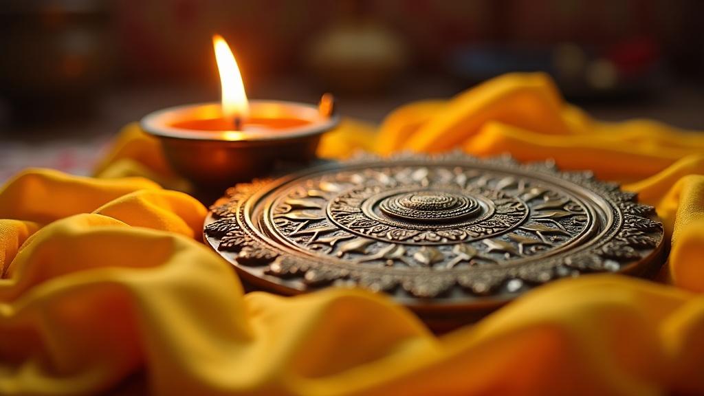 A traditional brass Jupiter yantra resting on silk cloth beside a small oil lamp in warm indoor light