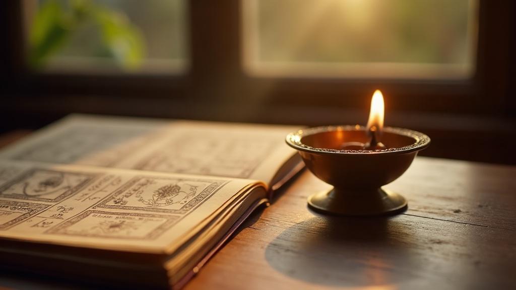 A traditional brass oil lamp beside an open almanac on a wooden table, late afternoon light