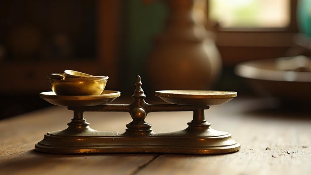 A traditional brass scale with small weights, symbolising the careful balancing of qualities in Vedic matchmaking