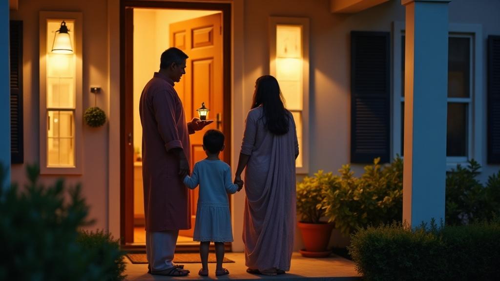 A family standing at the threshold of a new home holding a small oil lamp at dusk