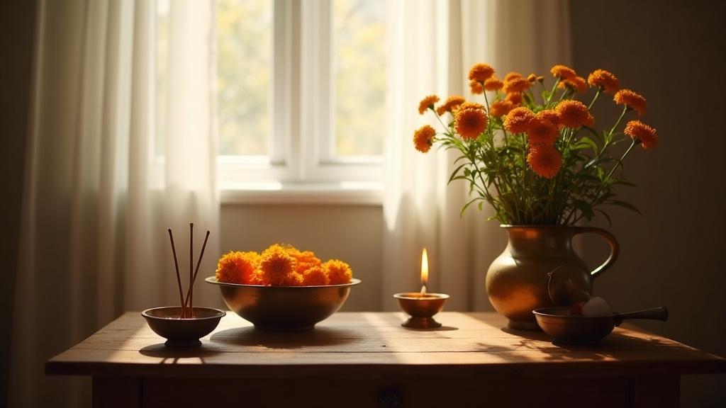 A small home altar with flowers, incense, and a brass lamp near a window