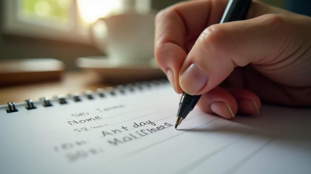 A person writing their name in a notebook with careful attention to each letter