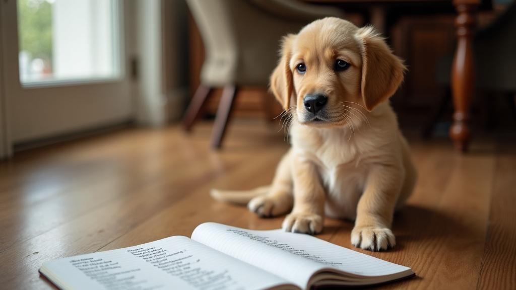 A golden retriever puppy sitting beside a handwritten list of names on a wooden table, soft afternoon light from a nearby window