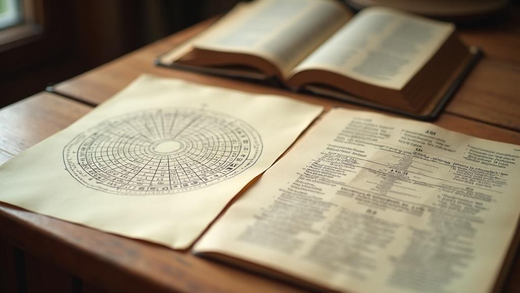 A desk with a handwritten numerology chart beside a printed Vedic birth chart, both resting on an open Sanskrit text