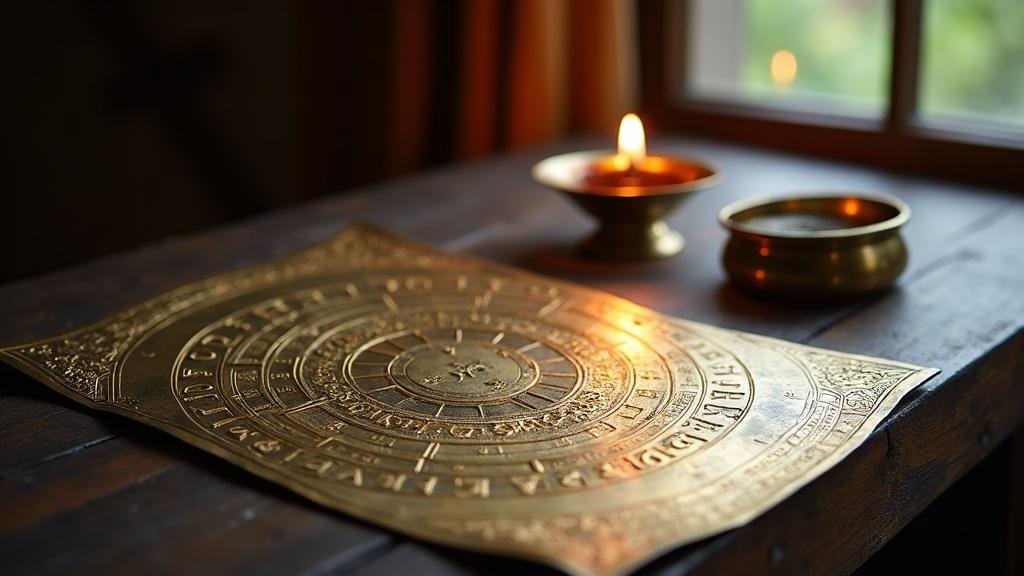 A traditional brass panchang calendar resting on a wooden table beside a small oil lamp at dawn