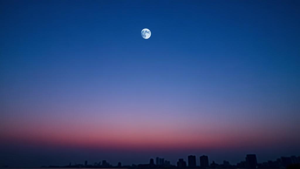 Close-up of the waxing crescent moon visible in a deep blue twilight sky above a city skyline