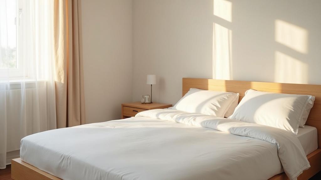 A neatly made bed in a calm bedroom with a wooden headboard against the southern wall, soft morning light through sheer curtains