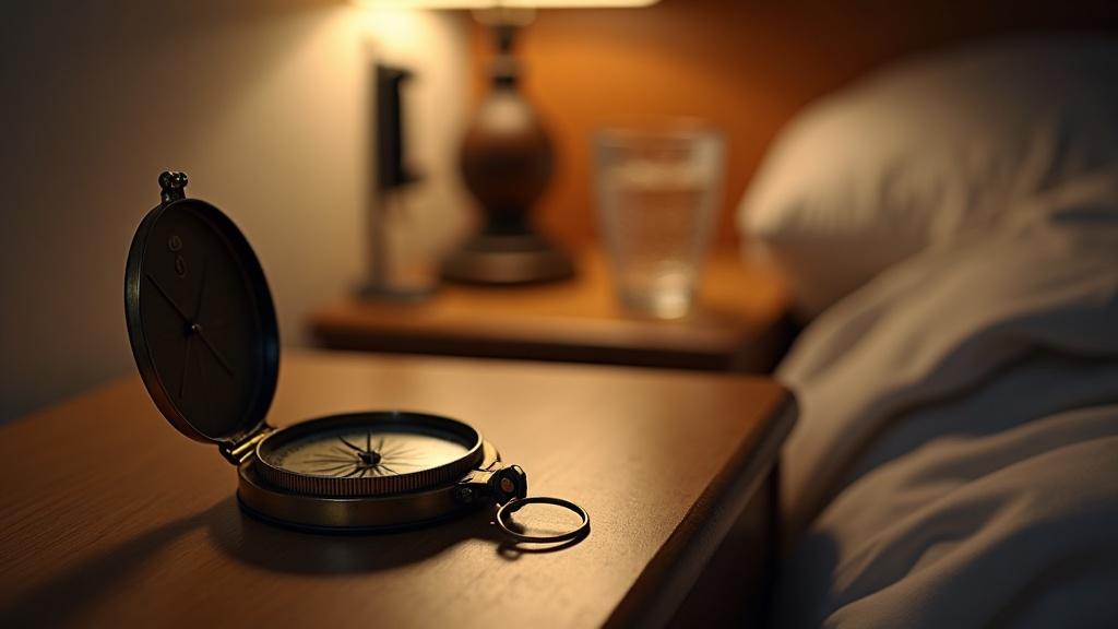 A handheld brass compass resting on a wooden bedside table beside a small lamp and a glass of water