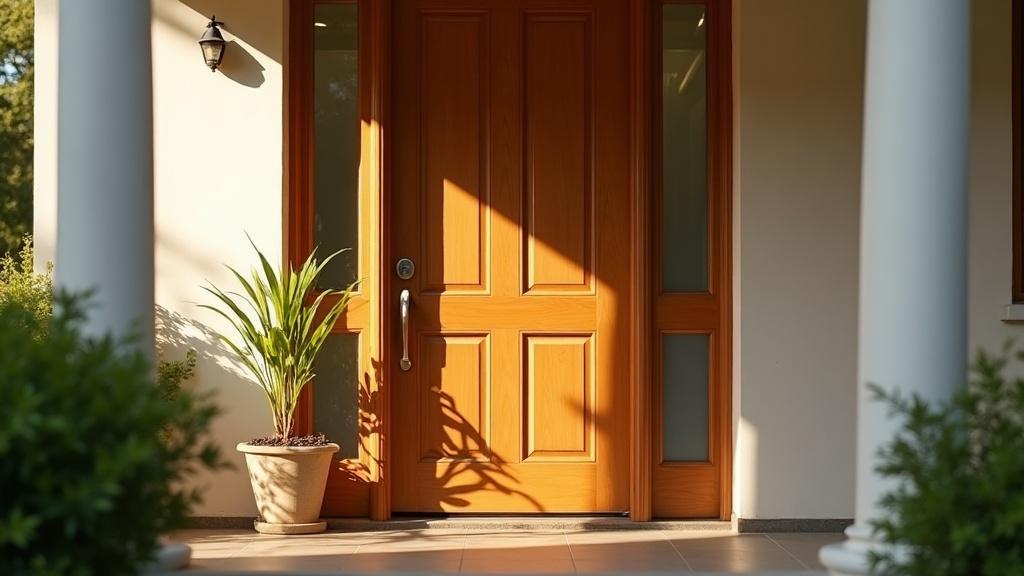 A welcoming front door with morning sunlight falling across the threshold and a potted plant beside the frame
